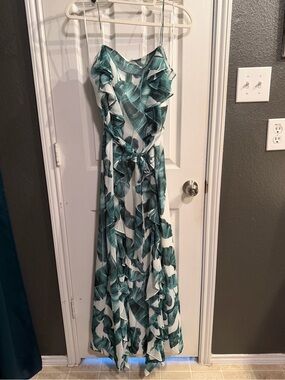 Chelsea28 White Maxi Dress with Green Leaf Print and Ruffle Trim